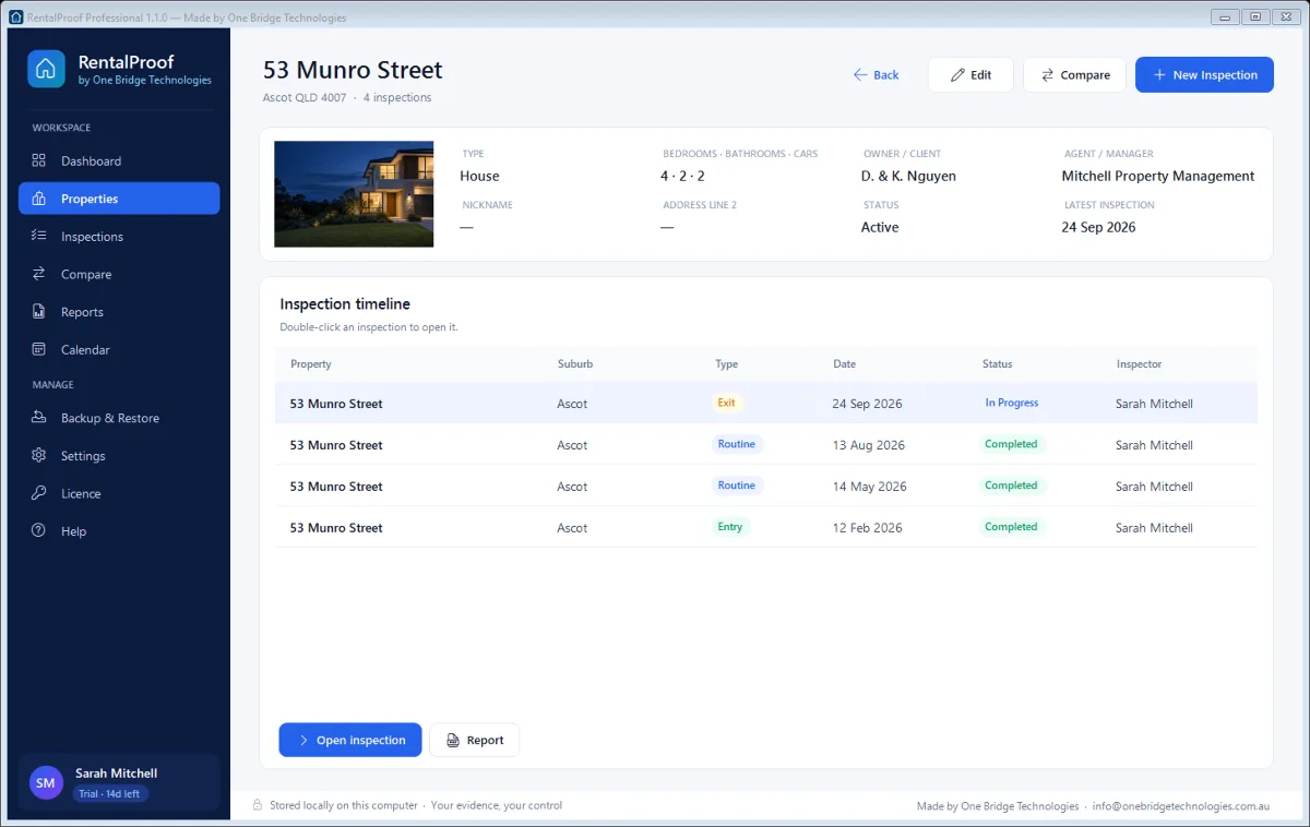 Property screen for 53 Munro Street showing the cover photo, property details and a timeline of entry, routine and exit inspections